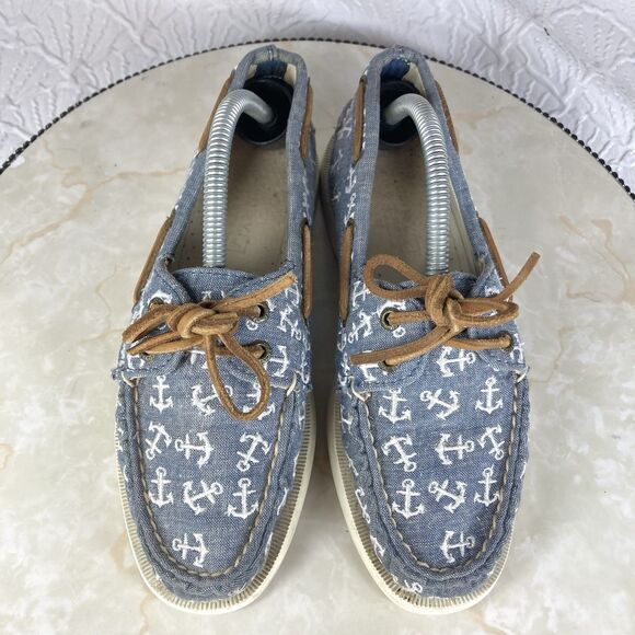 Sperry Top Sider Shoes Womens Size 6 Blue Canvas Blue Anchor Nautical Loafers - Picture 3 of 11